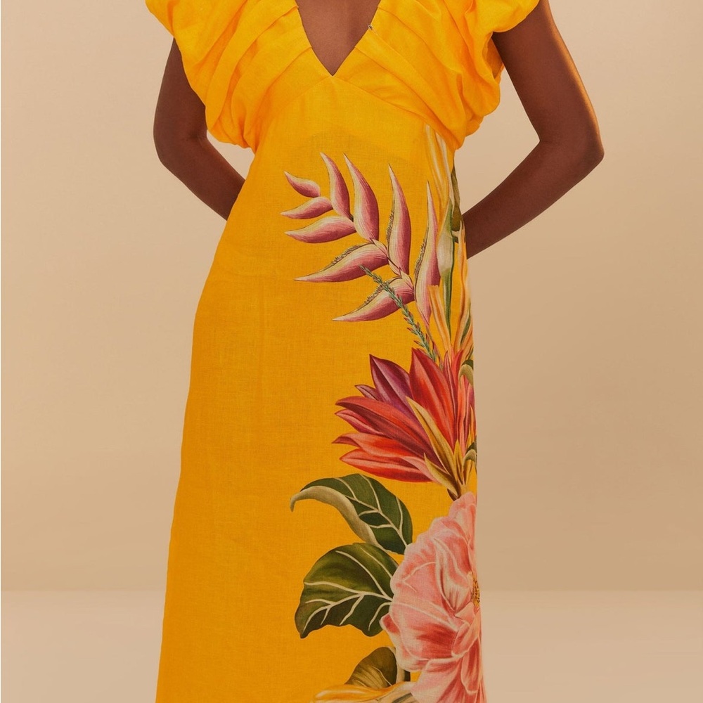 FARM Rio Yellow Maxi Dress with Floral Design